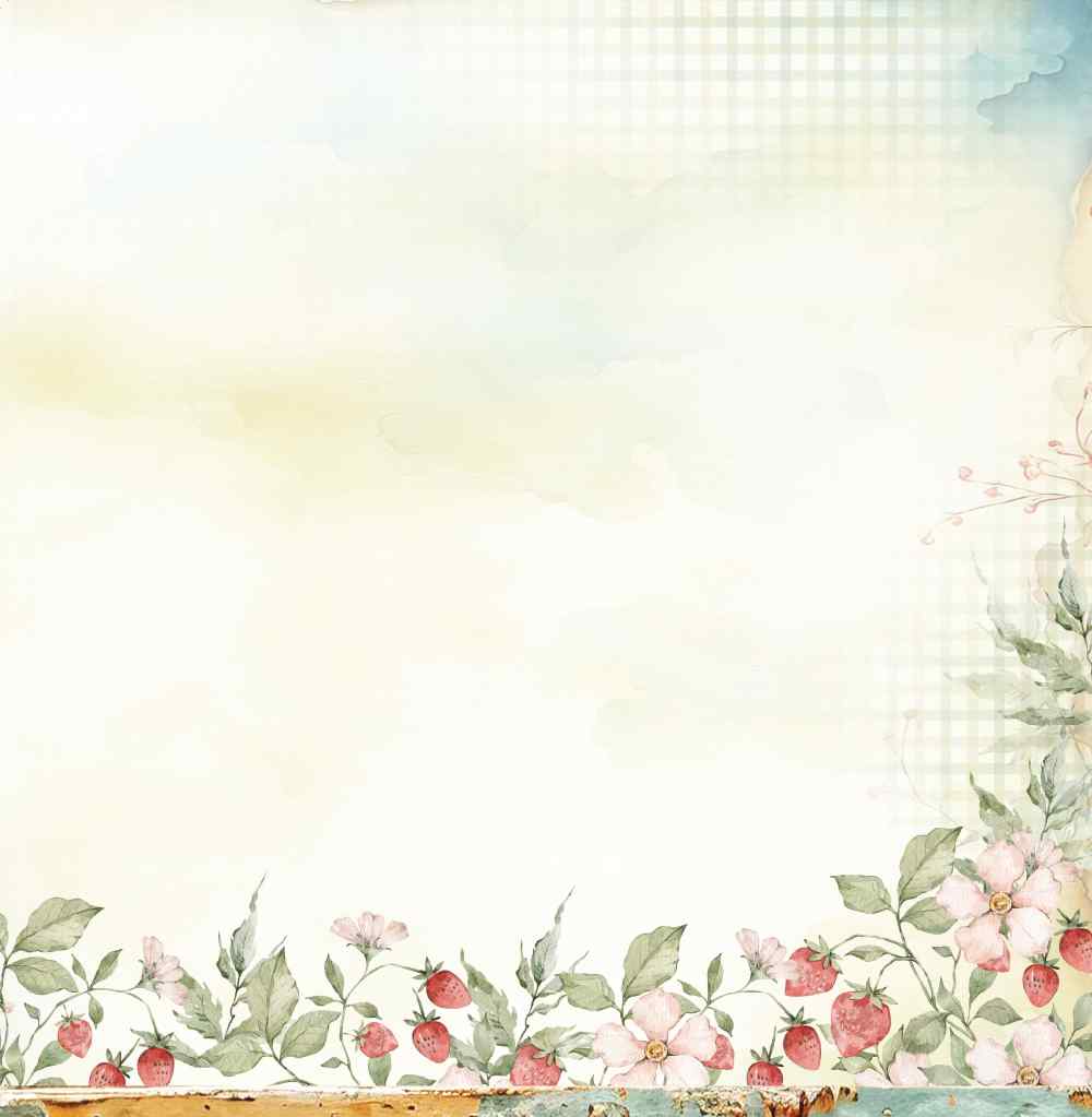 Reverse of Bee Arty Cottage Garden paper with strawberries, pink flowers and greenery on a soft cream and aqua background