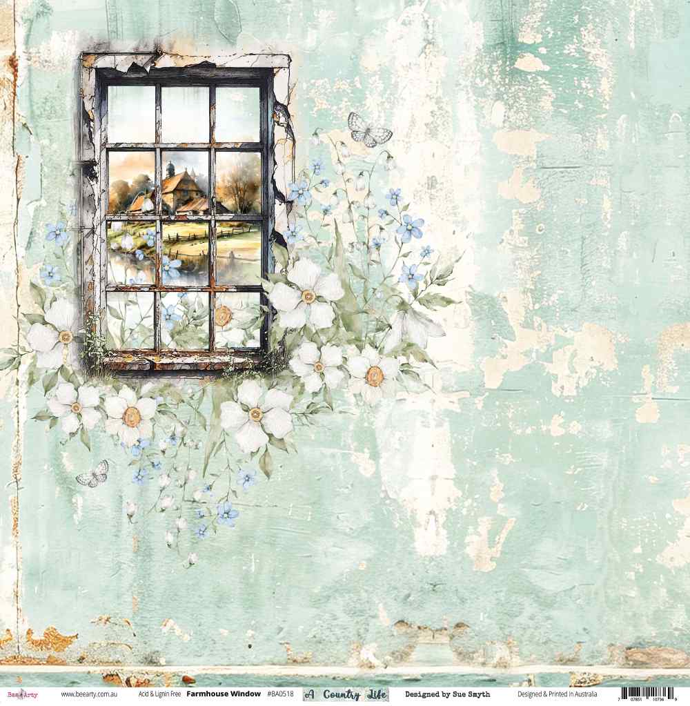 Pale aqua scrapbook paper with farmhouse window, rural cottage, white flowers and butterflies