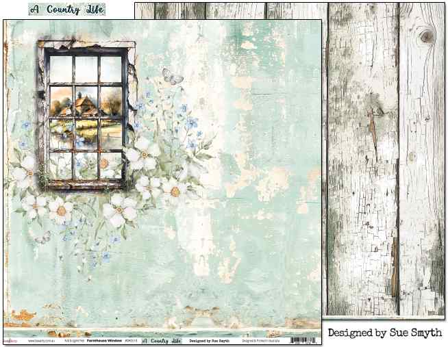 Bee Arty Farmhouse Window paper with pale aqua floral window design and whitewashed timber reverse