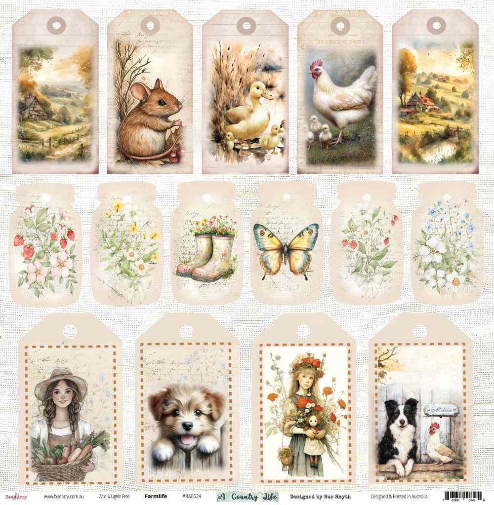 Front of Bee Arty Farmlife paper with 15 cut-apart tags featuring country scenes, animals, flowers and characters