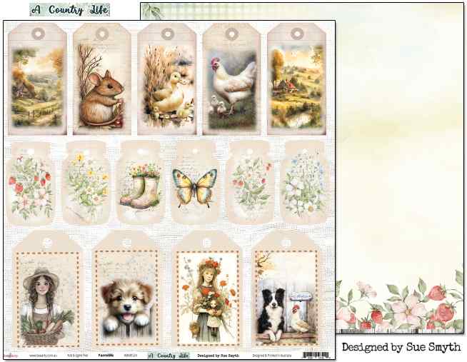 Bee Arty Farmlife 12x12 paper showing 15 illustrated country tags and the floral strawberry reverse