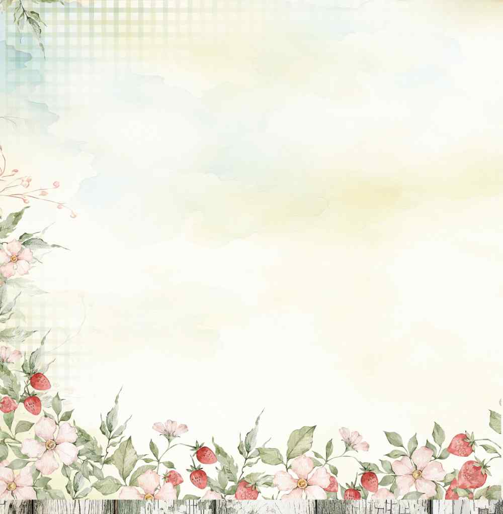 Reverse of Bee Arty Farmlife paper with pink flowers, greenery and strawberries on a soft cream and aqua background