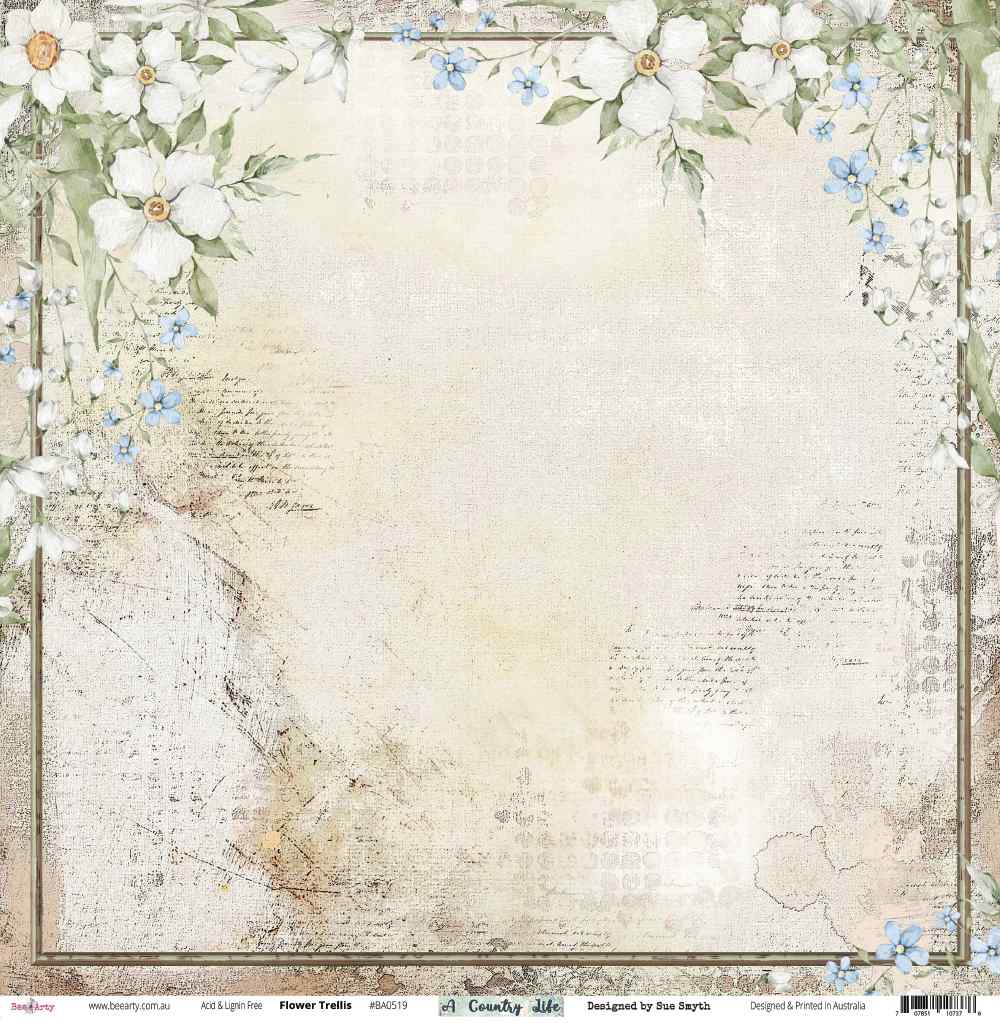 Front of Bee Arty Flower Trellis paper with white blossoms, blue flowers, leafy border and faded script