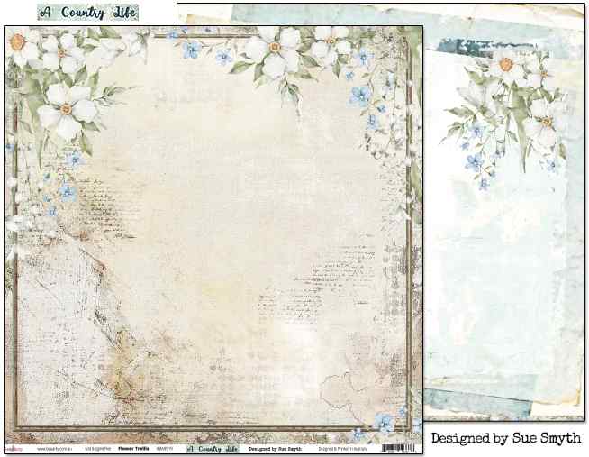 Bee Arty Flower Trellis 12x12 paper showing the cream floral front and layered pale aqua reverse