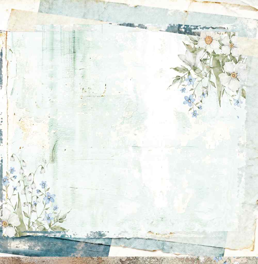 Reverse of Bee Arty Flower Trellis paper with torn pale aqua layers and white and blue floral corner clusters