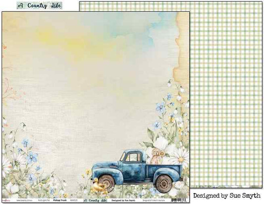 Bee Arty Pickup Truck 12x12 paper showing the illustrated country front and sage-green plaid reverse
