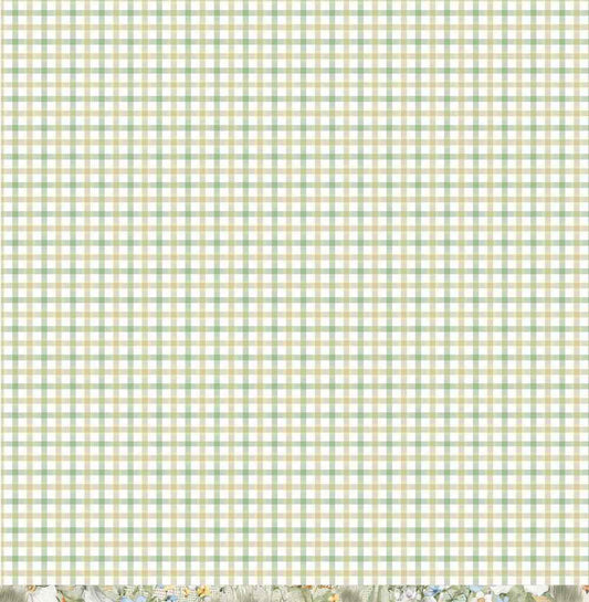 Reverse of Bee Arty Pickup Truck paper with a soft sage-green and beige plaid pattern