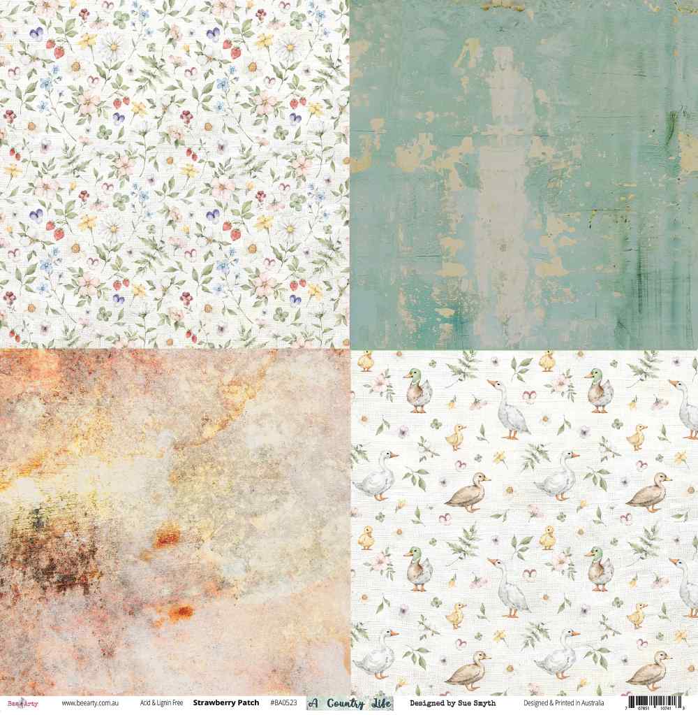 Front of Bee Arty Strawberry Patch paper with botanical, distressed aqua, peach and farm-bird panels