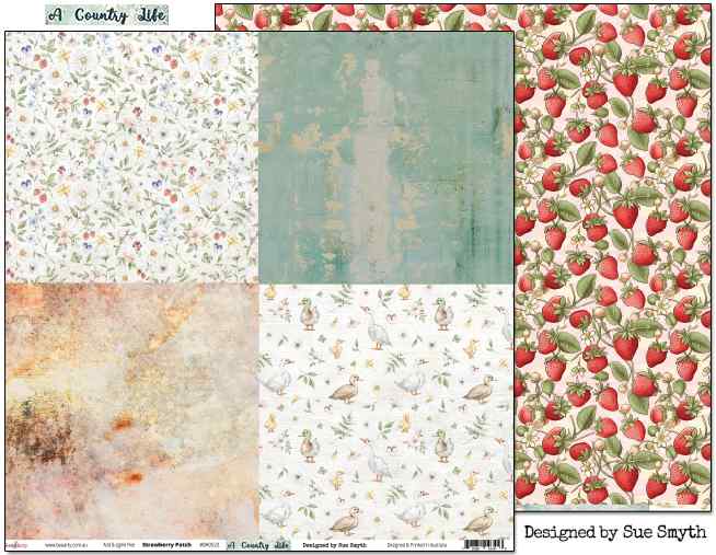 Bee Arty Strawberry Patch 12x12 paper showing four country panels and the repeating strawberry reverse
