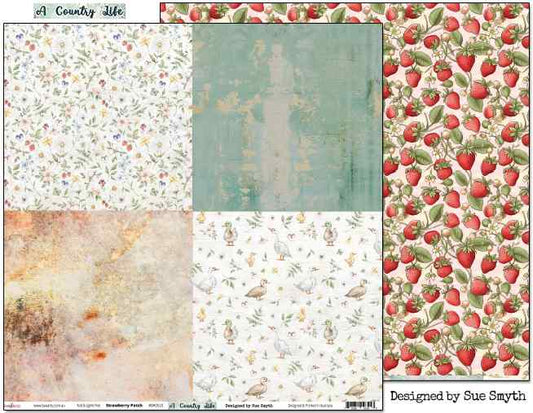 Bee Arty Strawberry Patch 12x12 paper showing four country panels and the repeating strawberry reverse