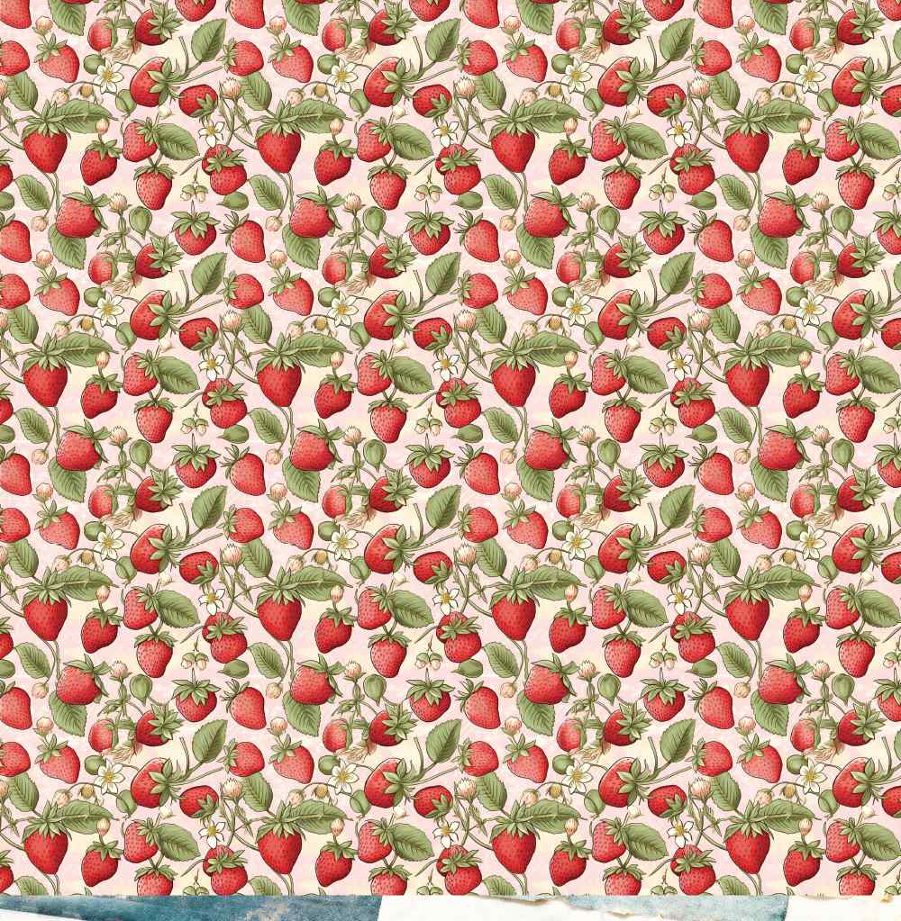Reverse of Bee Arty Strawberry Patch paper with red strawberries, green leaves and white blossoms on cream