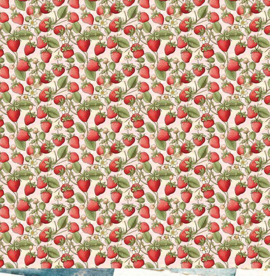Reverse of Bee Arty Strawberry Patch paper with red strawberries, green leaves and white blossoms on cream
