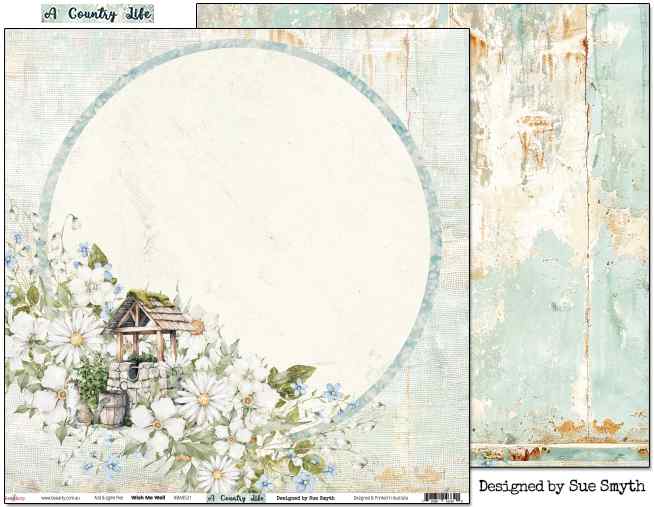 Bee Arty Wish Me Well 12x12 paper showing the floral wishing well front and distressed pale aqua reverse