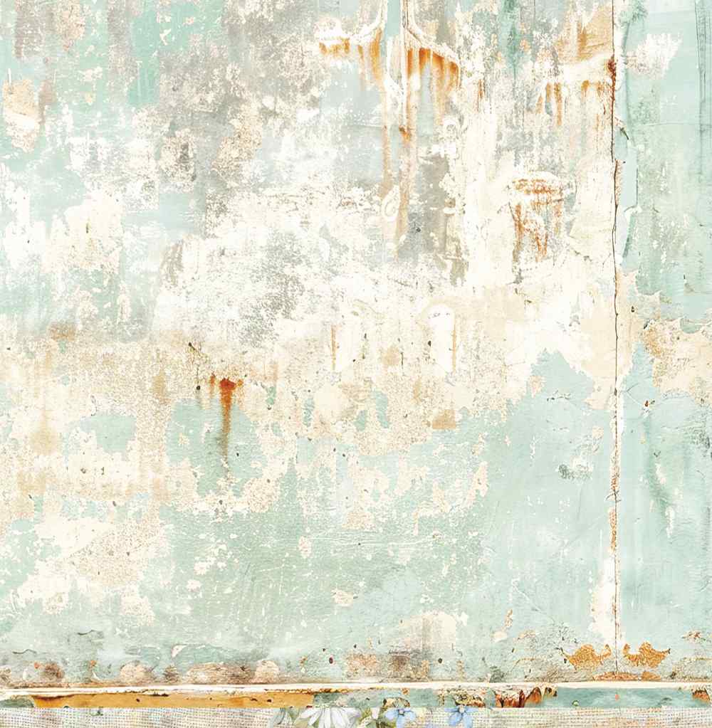 Reverse of Bee Arty Wish Me Well paper with distressed pale aqua, white, beige and rusty ochre textures
