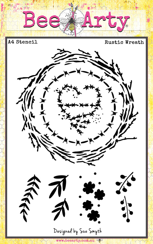 Bee Arty Rustic Wreath A4 stencil with layered twig and barbed-wire wreath, leafy sprigs, flowers and berry branches