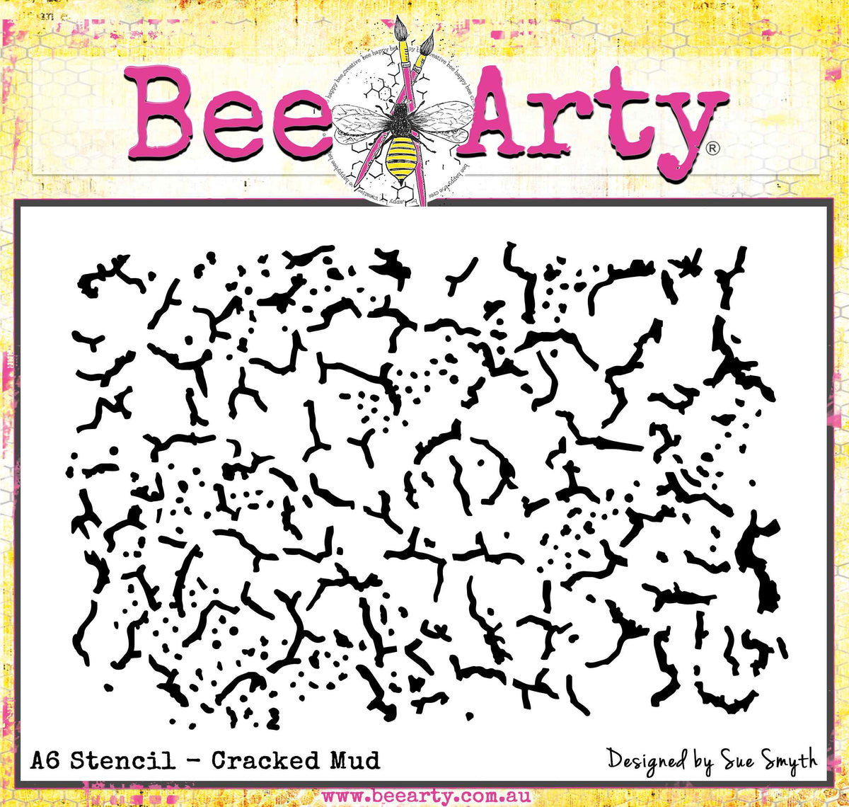 Bee Arty Cracked Mud A6 stencil with irregular branching earth cracks and scattered clusters of small dots