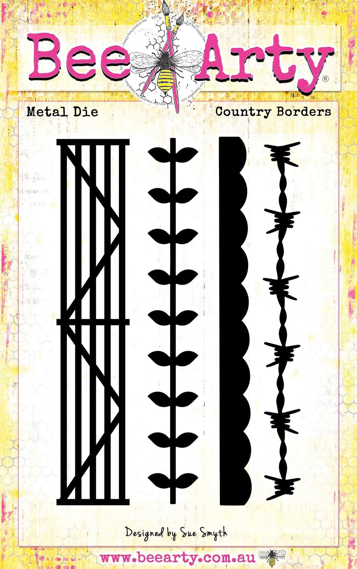 Bee Arty Country Borders die set with farm gate, leafy vine, scalloped edge and barbed-wire cutting dies
