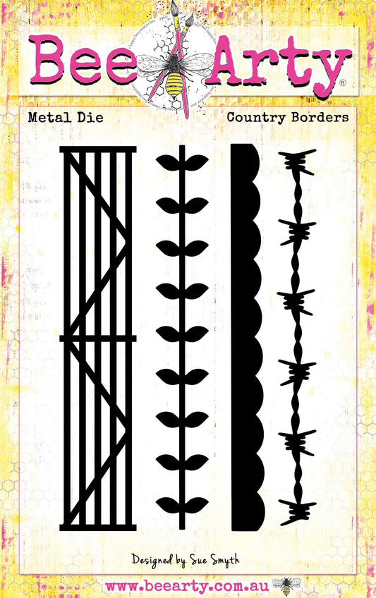 Bee Arty Country Borders die set with farm gate, leafy vine, scalloped edge and barbed-wire cutting dies
