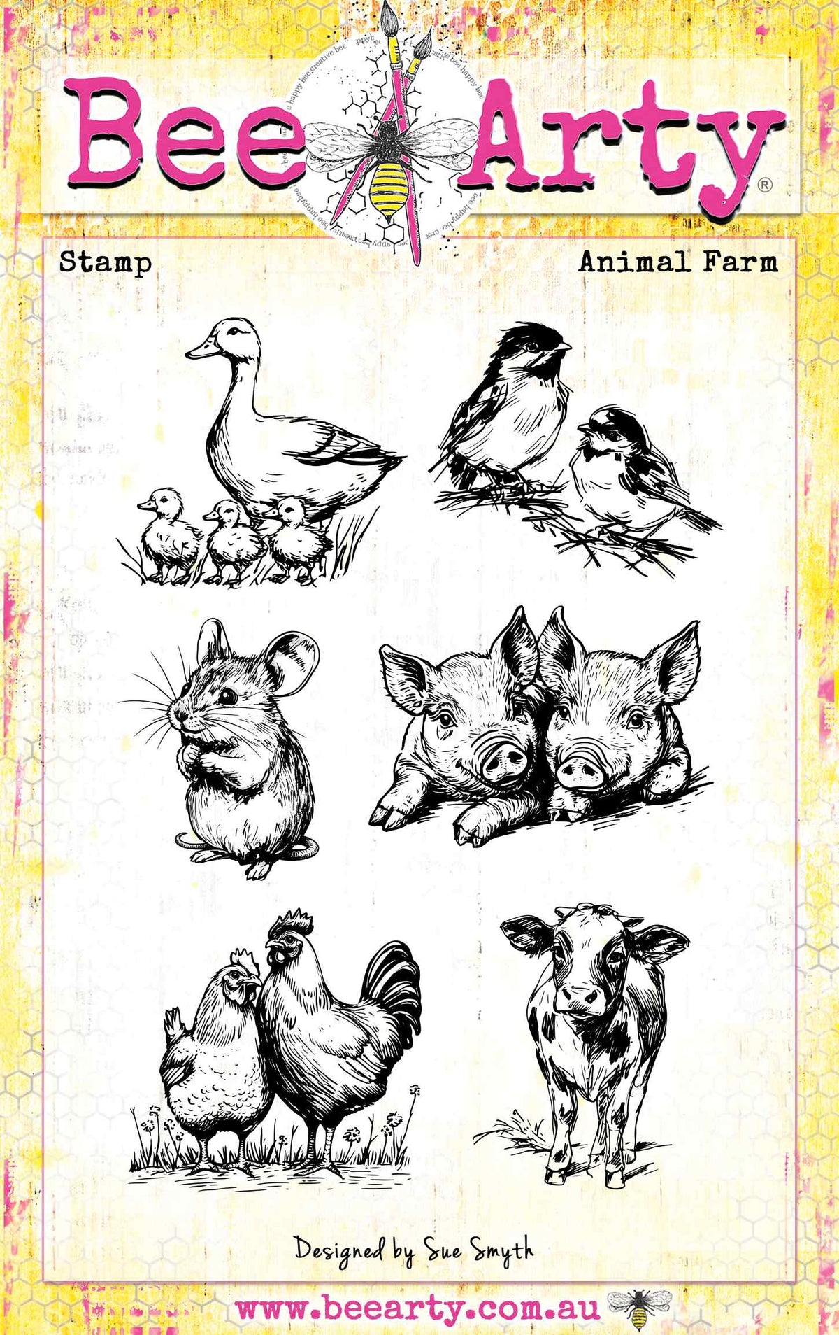 BeeArty 'Animal Farm' clear stamp featuring black ink illustrations of farm animals including a duck family, birds, a rabbit, two pigs, a chicken and rooster, and a cow, on a yellow textured background.