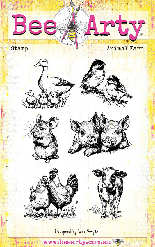 BeeArty 'Animal Farm' clear stamp featuring black ink illustrations of farm animals including a duck family, birds, a rabbit, two pigs, a chicken and rooster, and a cow, on a yellow textured background.