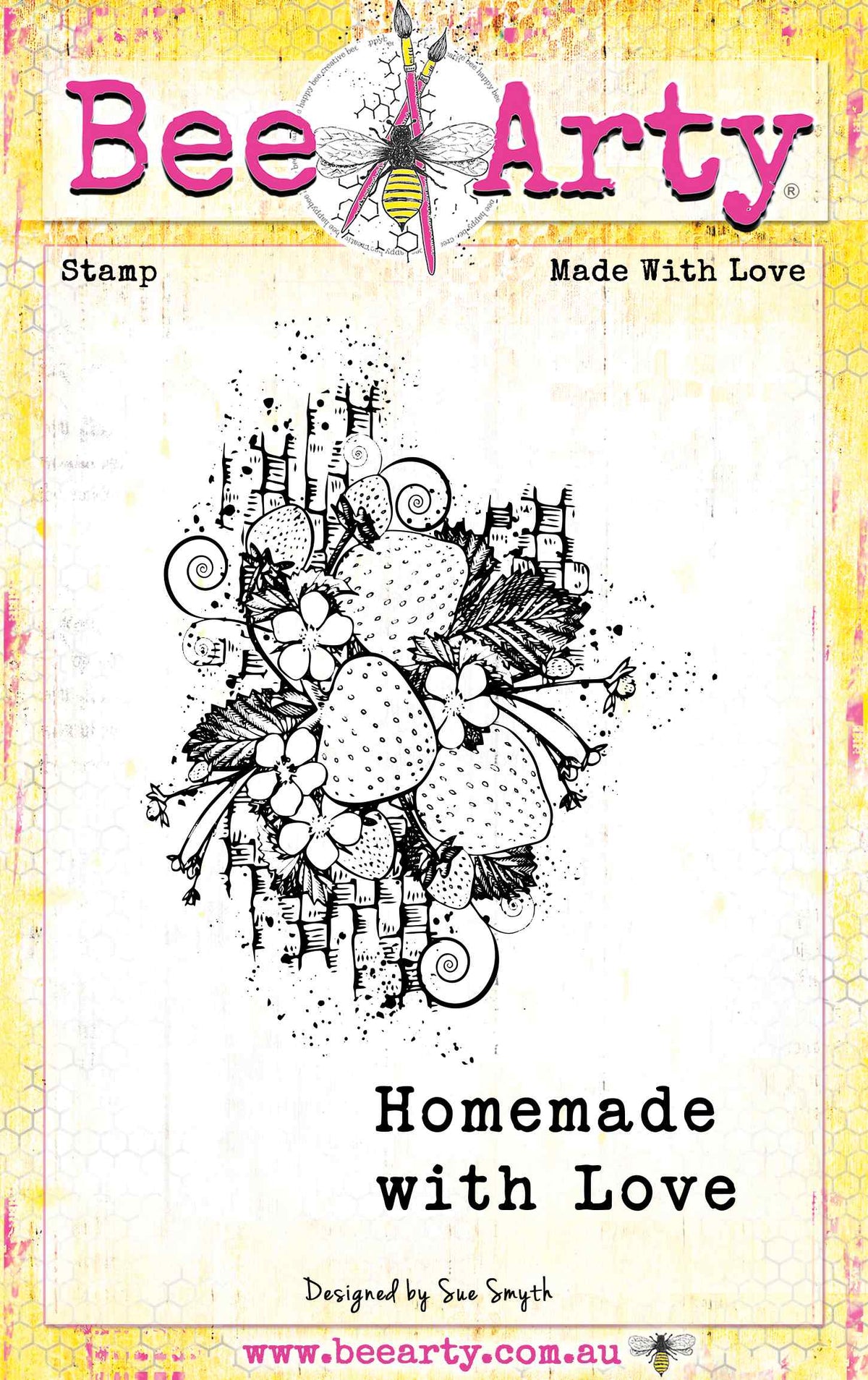 BeeArty 'Homemade with Love' stamp packaging card, featuring a black and white floral and fruit stamp design in the center, with the BeeArty brand logo at the top and product details at the bottom.