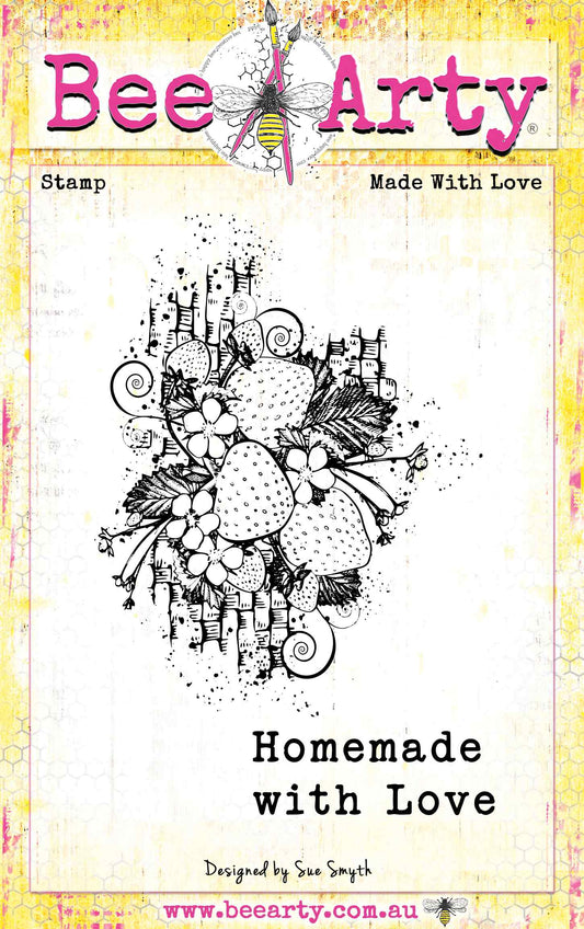BeeArty 'Homemade with Love' stamp packaging card, featuring a black and white floral and fruit stamp design in the center, with the BeeArty brand logo at the top and product details at the bottom.