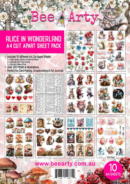 Bee Arty Alice in Wonderland A4 bundle cover showing 10 sheets with characters, tea-party pieces, florals and mushrooms