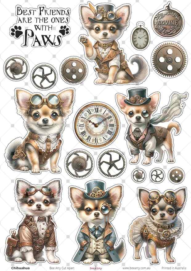 Steampunk Chihuahua cut-apart sheet with six dressed dogs, gears, clocks and paw sentiment