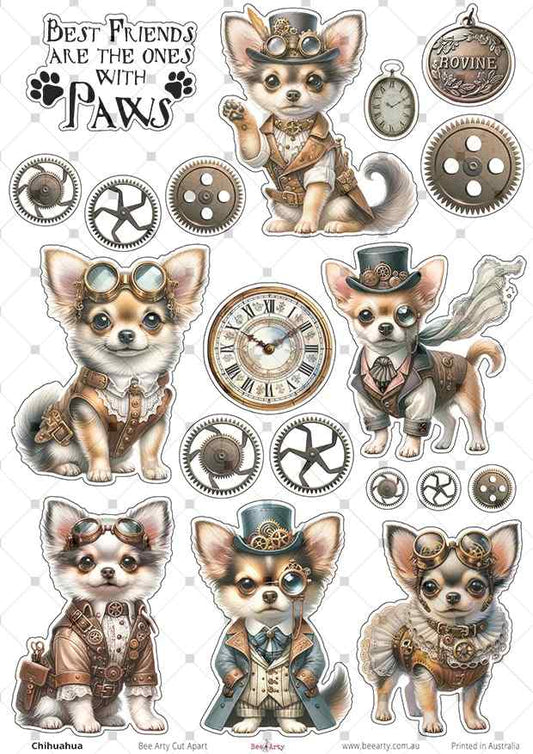 Steampunk Chihuahua cut-apart sheet with six dressed dogs, gears, clocks and paw sentiment