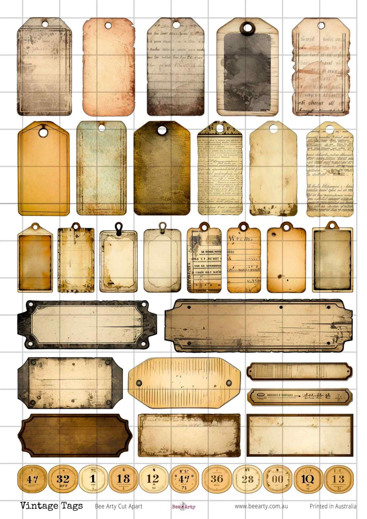 Vintage Tags cut-apart sheet with aged tags, distressed labels, nameplates and numbered circles