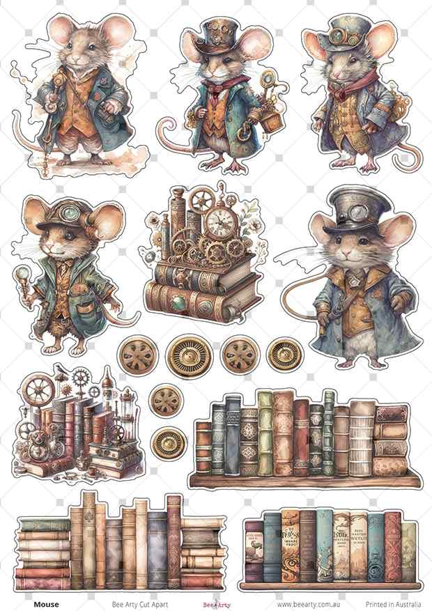 Steampunk Mouse cut-apart sheet with five dressed mice, clockwork books, gears and vintage book stacks