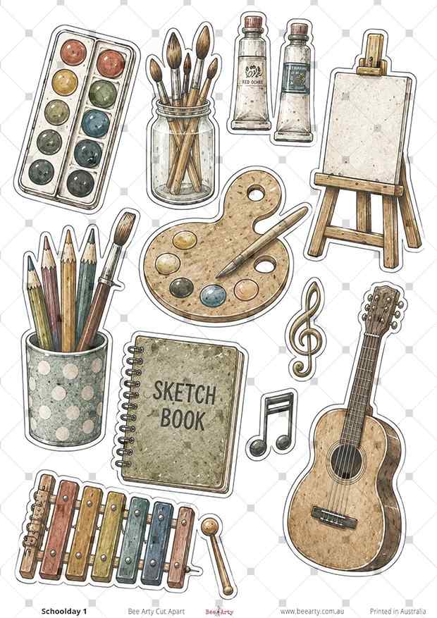 Schoolday 1 cut-apart sheet with art supplies, sketchbook, guitar, music notes and xylophone