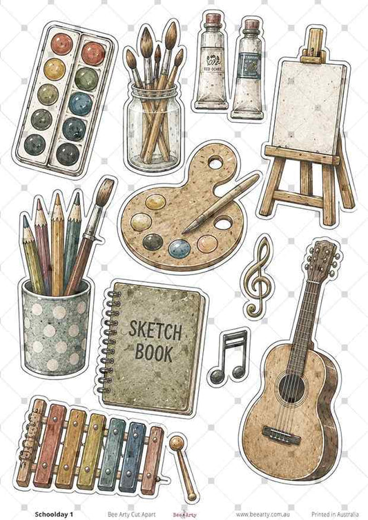 Schoolday 1 cut-apart sheet with art supplies, sketchbook, guitar, music notes and xylophone