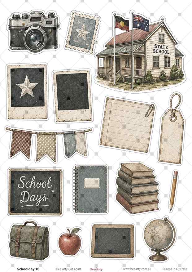 Schoolday 10 cut-apart sheet with state school, camera, books, chalkboards, school bag and globe