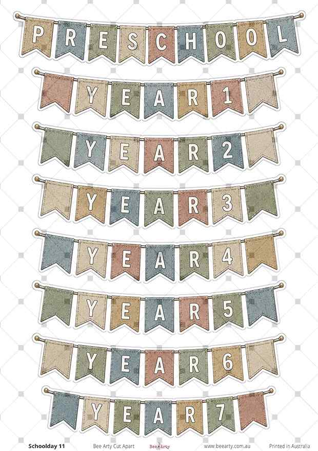 Schoolday 11 cut-apart sheet with Preschool and Year 1 to Year 7 milestone banners