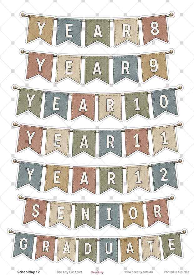 Schoolday 12 cut-apart sheet with Year 8 to Year 12, Senior and Graduate milestone banners