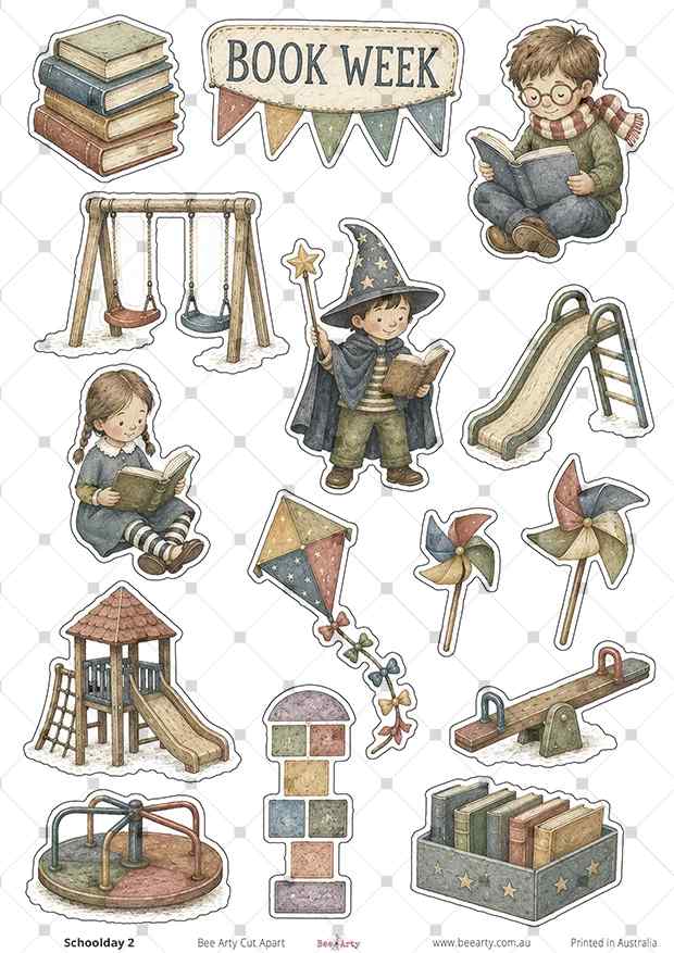 Schoolday 2 cut-apart sheet with Book Week characters, books, playground equipment and kite