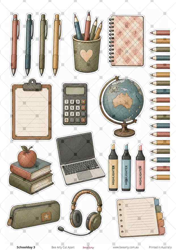 Bee Arty Schoolday 3 A4 cut-apart with stationery, books, coloured pencils, globe, laptop and study accessories