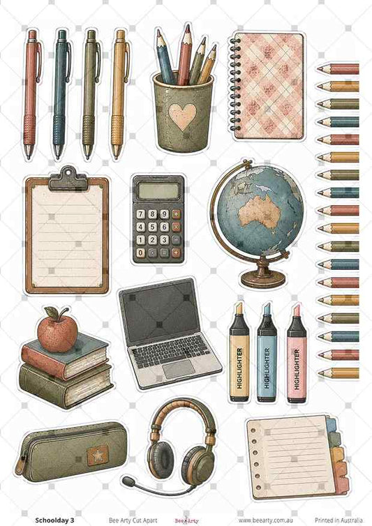 Bee Arty Schoolday 3 A4 cut-apart with stationery, books, coloured pencils, globe, laptop and study accessories
