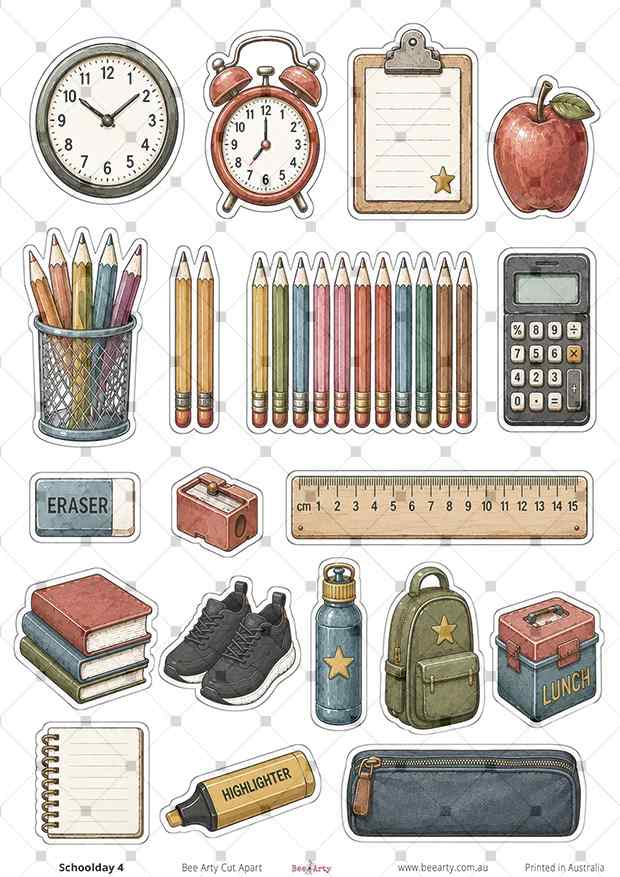 Schoolday 4 cut-apart sheet with clocks, pencils, calculator, ruler, books, backpack and lunch box