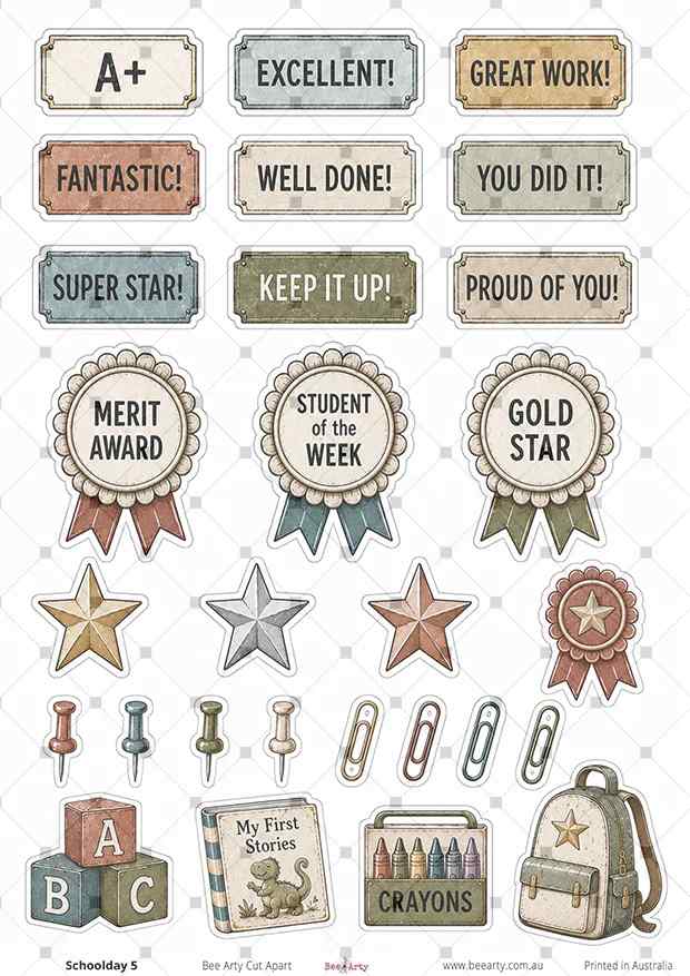 Bee Arty Schoolday 5 A4 cut-apart with praise labels, award ribbons, stars, stationery and school backpack