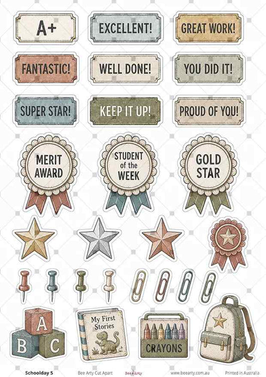 Bee Arty Schoolday 5 A4 cut-apart with praise labels, award ribbons, stars, stationery and school backpack