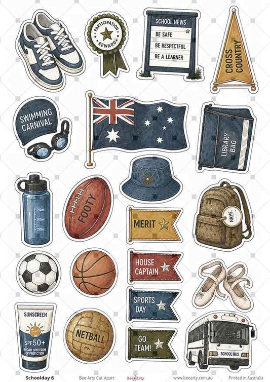 Bee Arty Schoolday 6 A4 cut-apart with school sports gear, awards, backpack, Australian flag, AFL Footy and school bus