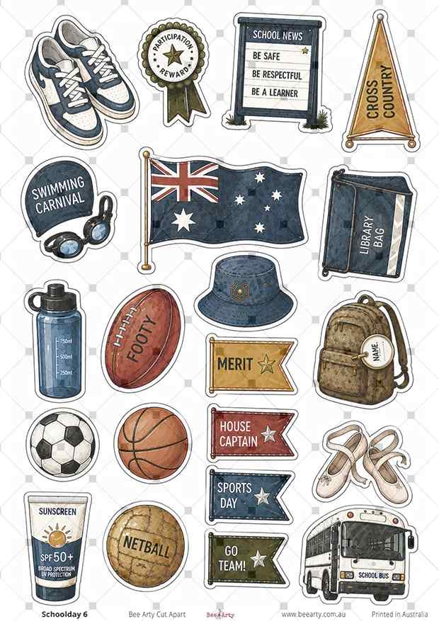 Schoolday 6 cut-apart sheet with sports gear, awards, Australian flag, backpack and school bus