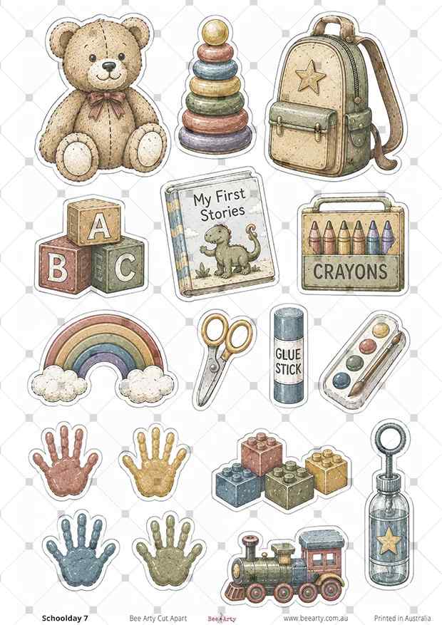 Schoolday 7 cut-apart sheet with teddy bear, toys, crayons, rainbow, handprints and school backpack