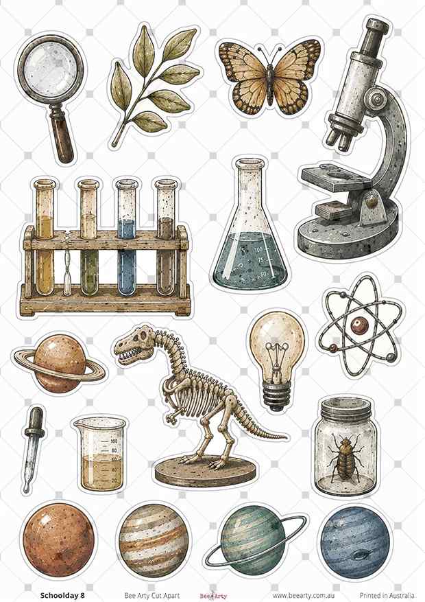 Schoolday 8 cut-apart sheet with science equipment, microscope, dinosaur skeleton, insects and planets