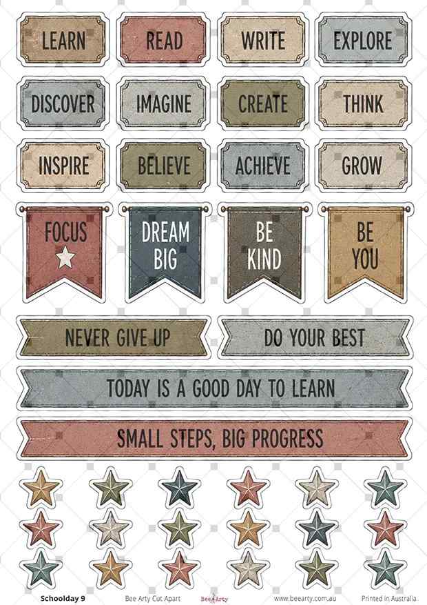 Schoolday 9 cut-apart sheet with encouraging words, motivational banners and colourful stars