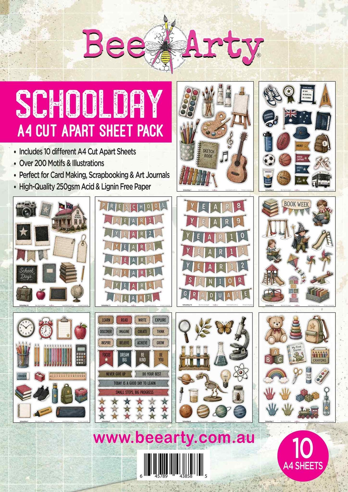 Bee Arty Schoolday A4 cut-apart bundle cover showing 10 sheets and over 200 school-themed motifs