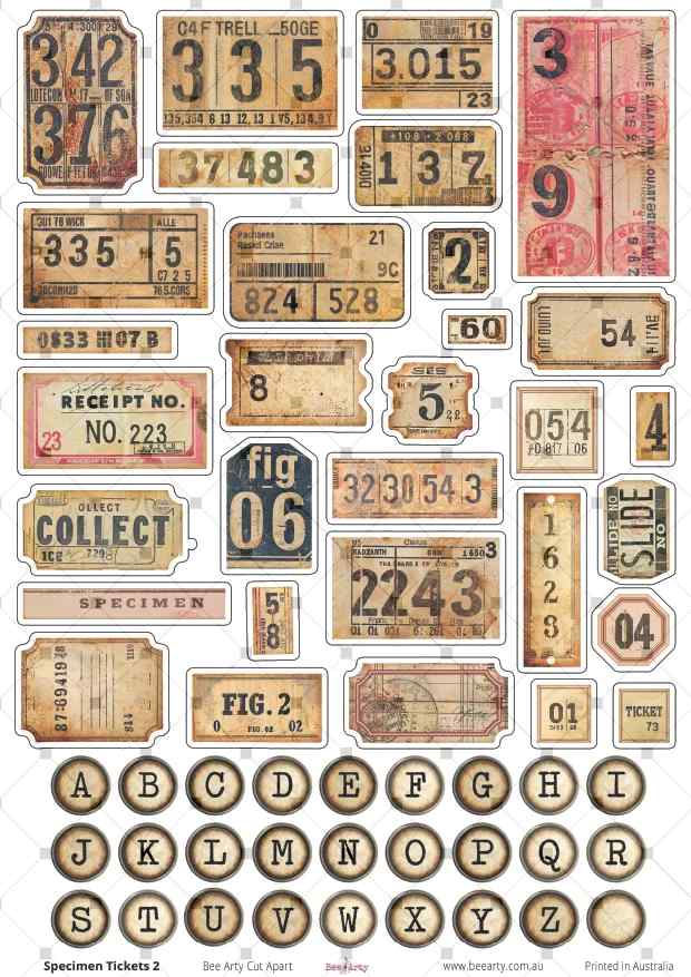 Specimen Tickets 2 cut-apart sheet with numbered labels, tickets and cream typewriter alphabet circles