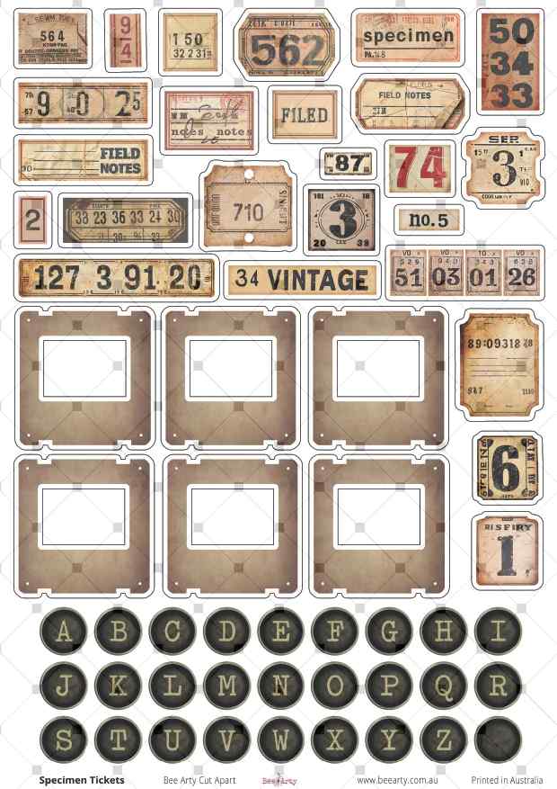Specimen Tickets cut-apart sheet with vintage labels, slide frames and dark typewriter alphabet circles